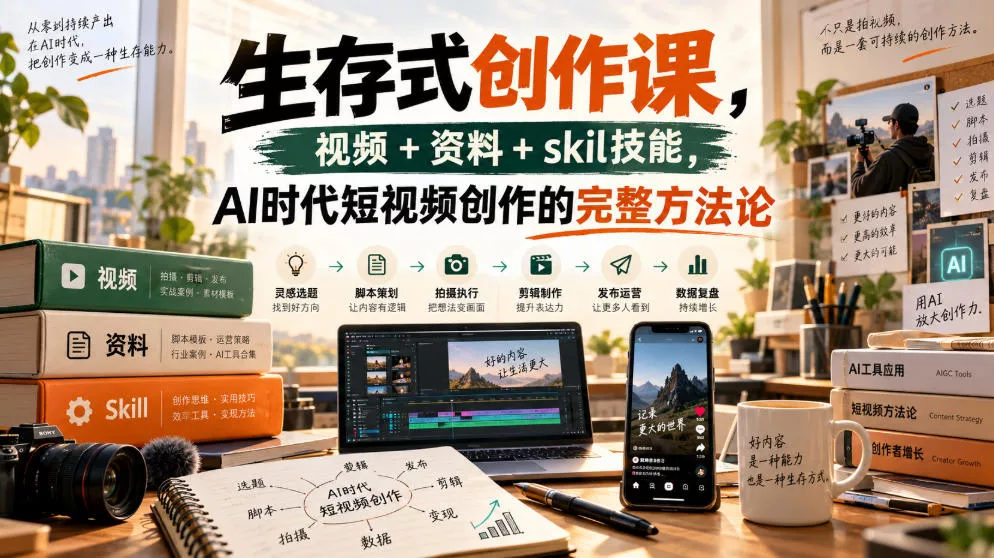 生存式创作课,视频+资料+skil技能,ai时代短视频创作的完整方法论祝你网--专注互联网创业.信息差副业研究拒绝割韭菜祝你网