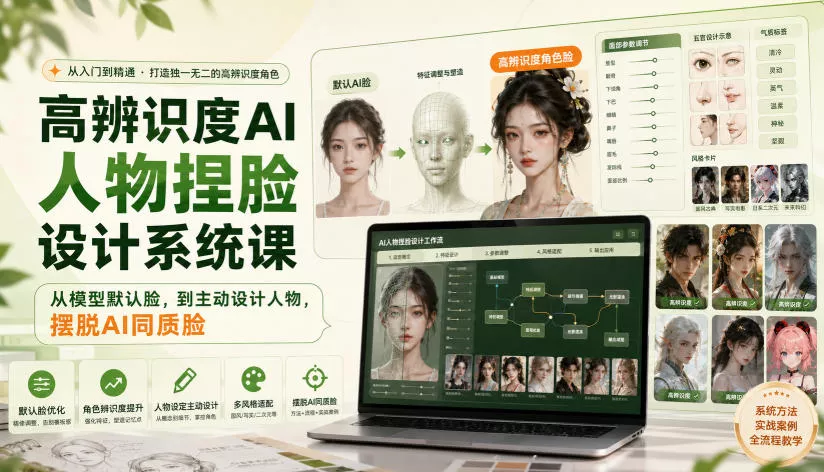 高辨识度AI人物捏脸设计系统课，从模型默认脸，到主动设计人物，摆脱AI同质脸祝你网--专注互联网创业.信息差副业研究拒绝割韭菜祝你网