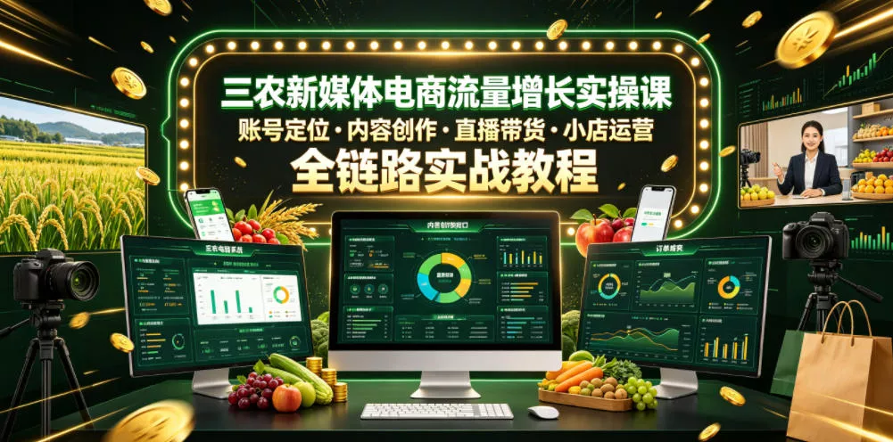 三农新媒体电商流量增长实操课,账号定位・内容创作・直播带货・小店运营,全链路实战教程祝你网--专注互联网创业.信息差副业研究拒绝割韭菜祝你网