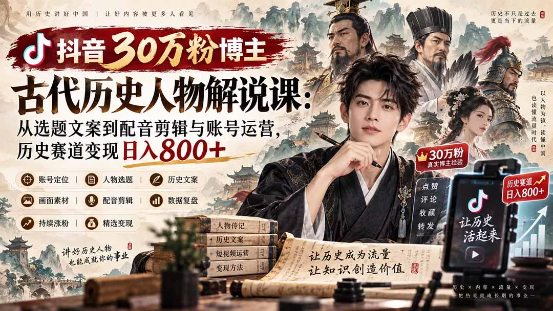 抖音30万粉博主古代历史人物解说课:从选题文案到配音剪辑与账号运营,历史赛道变现日入800+祝你网--专注互联网创业.信息差副业研究拒绝割韭菜祝你网