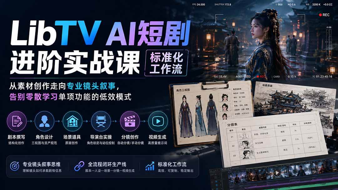688d1205fd693cdda2d6adfd48dc37af.jpeg (19836期)LibTV AI短剧进阶实操课标准化工作流;从素材创作走向专业镜头叙事,告别零散学习单项功能的低效模式