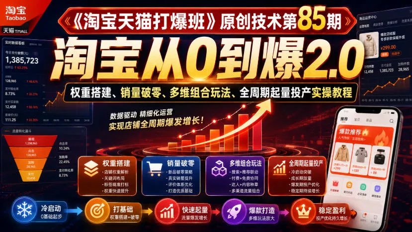 68b75a45ded644b1555620ce7c85dfd6.webp 《淘宝天猫打爆班》原创技术第85期,淘宝从0到爆2.0,权重搭建、销量破零、多维组合玩法、全周期起量投产实操教程