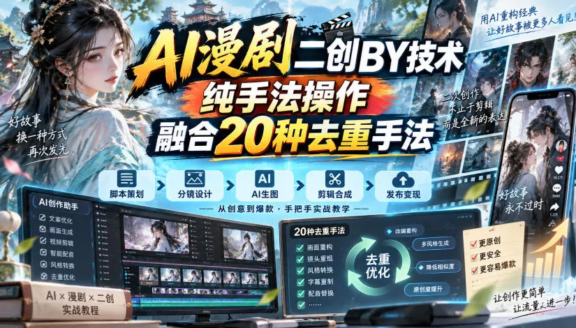 AI漫剧二创搬运技术,纯手法操作,融合20种去重手法祝你网--专注互联网创业.信息差副业研究拒绝割韭菜祝你网
