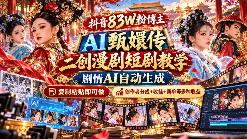 抖音83W粉博主AI甄嬛传二创漫剧短剧教学｜剧情AI自动生成，复制粘贴即可做，各大平台创作者分成+收徒等多种收益祝你网--专注互联网创业.信息差副业研究拒绝割韭菜祝你网