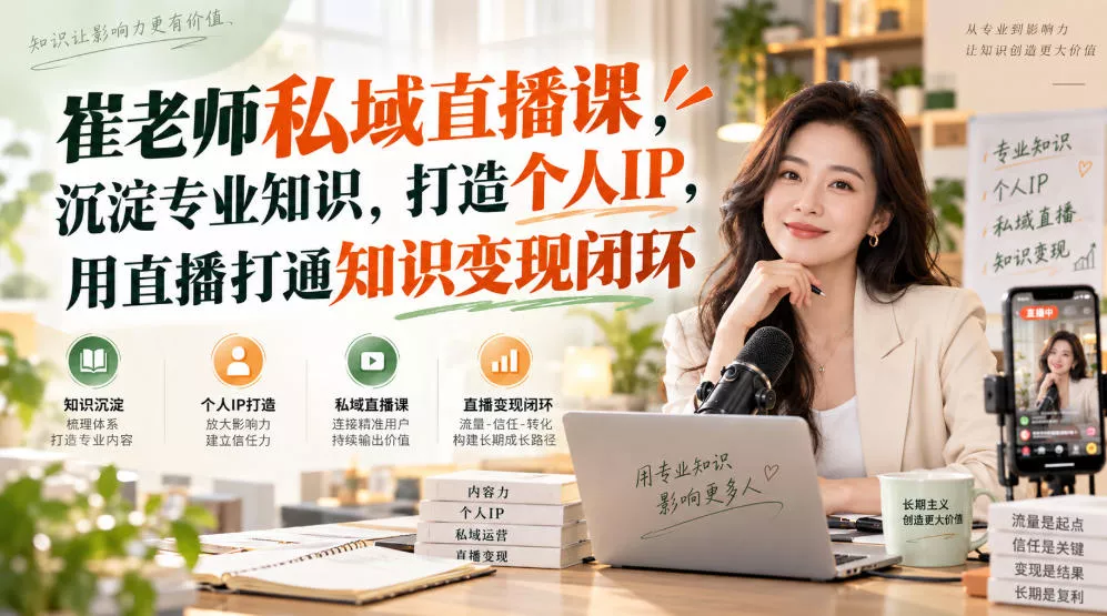 崔老师私域直播课,沉淀专业知识,打造个人IP,用直播打通知识变现闭环祝你网--专注互联网创业.信息差副业研究拒绝割韭菜祝你网