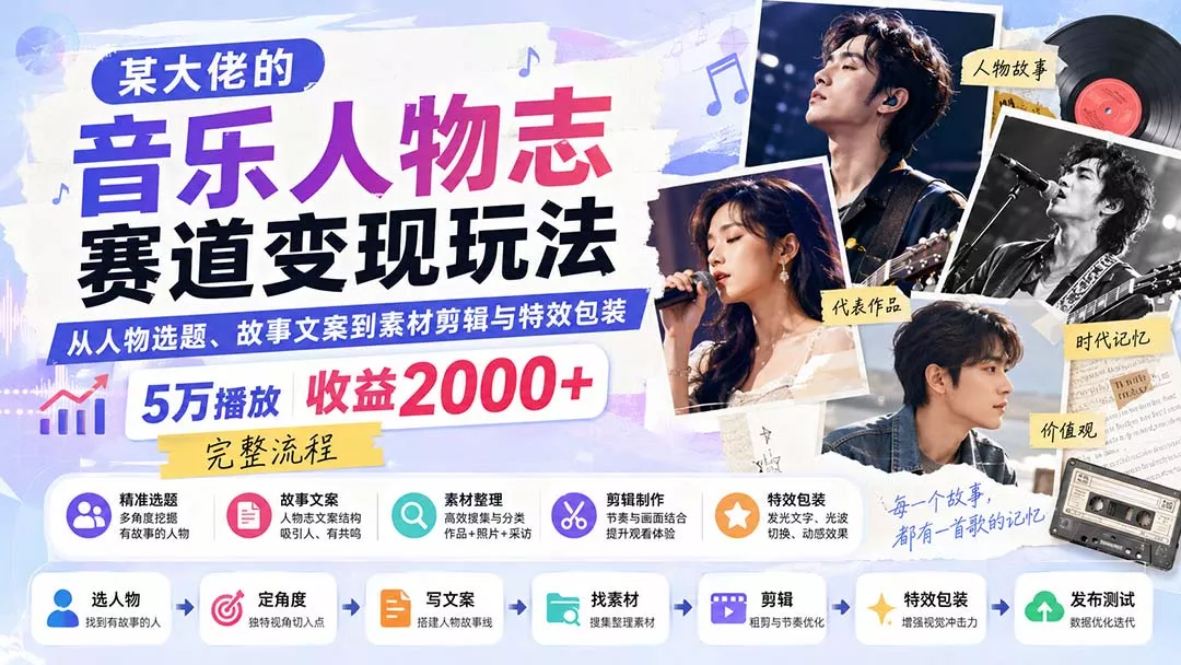 69eb36f5f18902db7ef12a43e46717f3.webp 某大佬的音乐人物志赛道变现玩法:从人物选题、故事文案到素材剪辑与特效包装,5万播放收益2000+完整流程