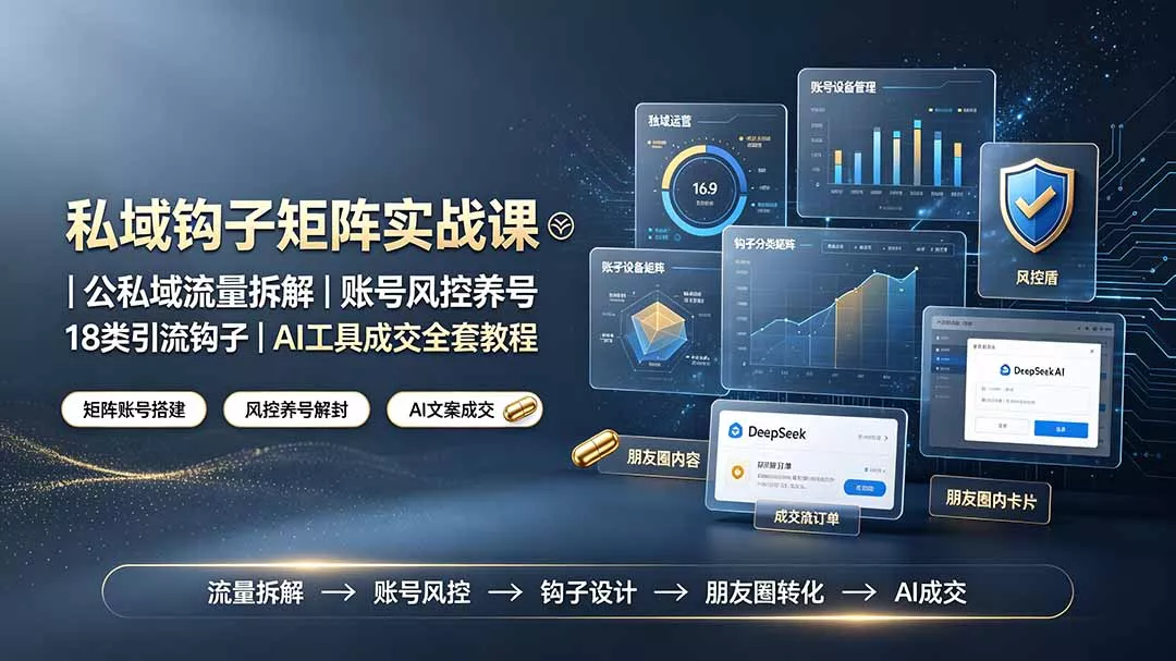 6a03835635b87566922777e76cc50a0f.webp 私域钩子矩阵实战课〓公私域流量拆解|账号风控养号|18类引流钩子|AI工具成交全套教程