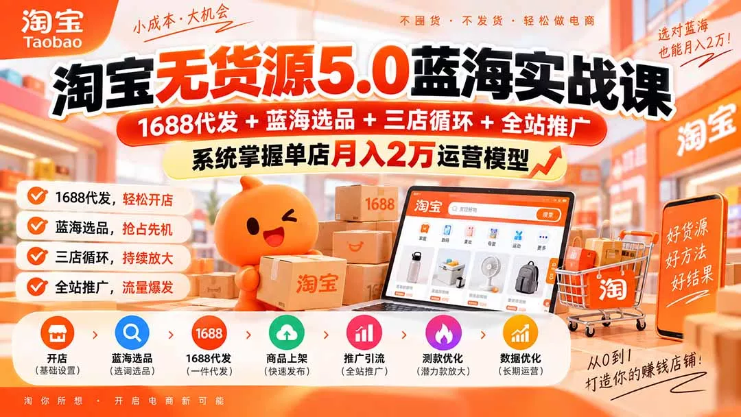 6a1f75bdbf9f1c4e32324da353a818eb.webp 淘宝无货源5.0蓝海实战课-更新0927:1688代发+蓝海选品+三店循环+全站推广,系统掌握单店月入2万运营模型