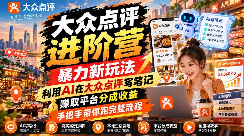 大众点评进阶营,暴力新玩法,利用AI在大众点评写笔记, 賺取平台分成收益,手把手带你跑完整流程祝你网--专注互联网创业.信息差副业研究拒绝割韭菜祝你网