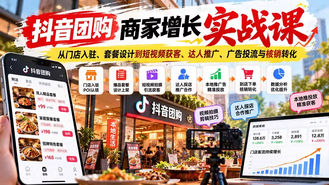 6a3bd6b2c260cfcb48217209cf058364.webp 抖音团购商家增长实战课:从门店入驻、套餐设计到短视频获客、达人推广、广告投流与核销转化