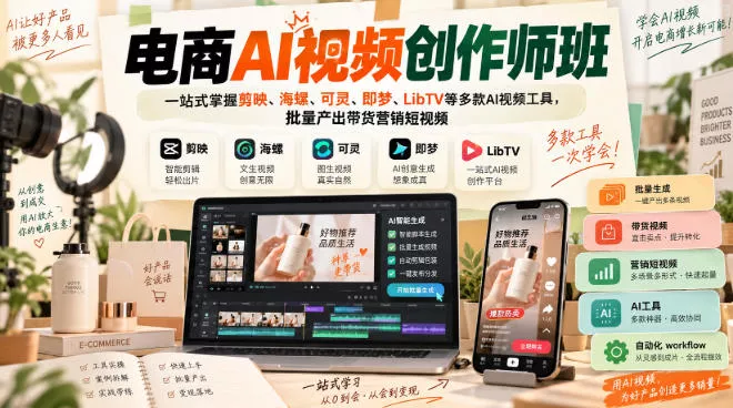 6a6159532c733f308fc4ccbe2c7961eb.webp 电商AI视频创作师班,一站式掌握剪映、海螺、可灵、即梦、LibTV等多款AI视频工具,批量产出带货营销短视频