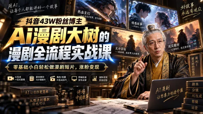 抖音43W粉丝博主Ai漫剧大树的漫剧制作全流程实战课,零基础小白轻松做漫剧短片,涨粉变现祝你网--专注互联网创业.信息差副业研究拒绝割韭菜祝你网
