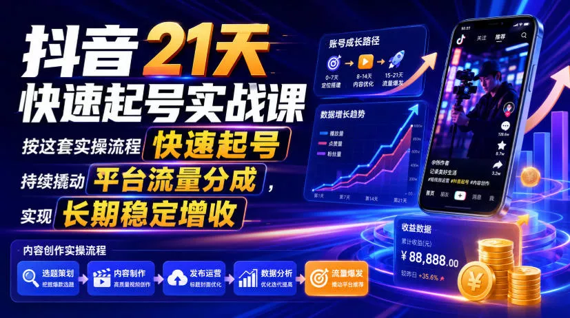 6a98602f36b6bd9eadb6b4b1f45c51a7.webp 抖音21天快速起号实战课,按这套实操流程快速起号,持续撬动平台流量分成,实现长期稳定增收