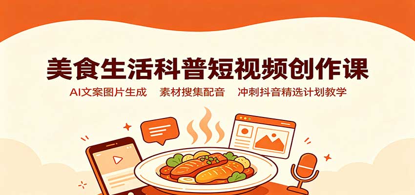 美食生活科普短视频创作课:AI文案图片生成,素材搜集配音,冲刺抖音精选计划教学祝你网--专注互联网创业.信息差副业研究拒绝割韭菜祝你网