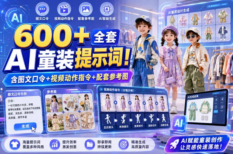 600+全套AI童装提示词!含图文口令+视频动作指令+配套参考图,Word-Excel规整分类,童装电商、种草无脑量产内容!祝你网--专注互联网创业.信息差副业研究拒绝割韭菜祝你网