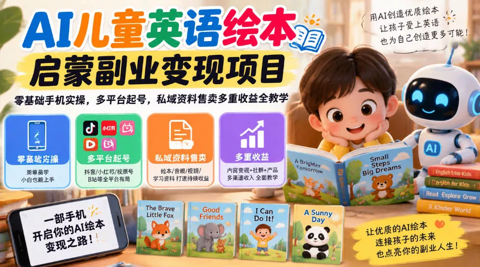 AI儿童英语绘本启蒙副业变现项目,零基础手机实操,多平台起号,私域资料售卖多重收益全教学祝你网--专注互联网创业.信息差副业研究拒绝割韭菜祝你网