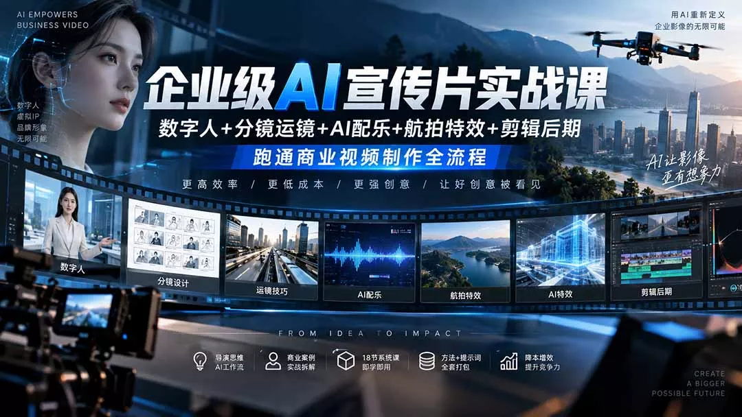 企业级AI宣传片实战课|数字人+分镜运镜+AI配乐+航拍特效+剪辑后期,跑通商业视频制作全流程祝你网--专注互联网创业.信息差副业研究拒绝割韭菜祝你网