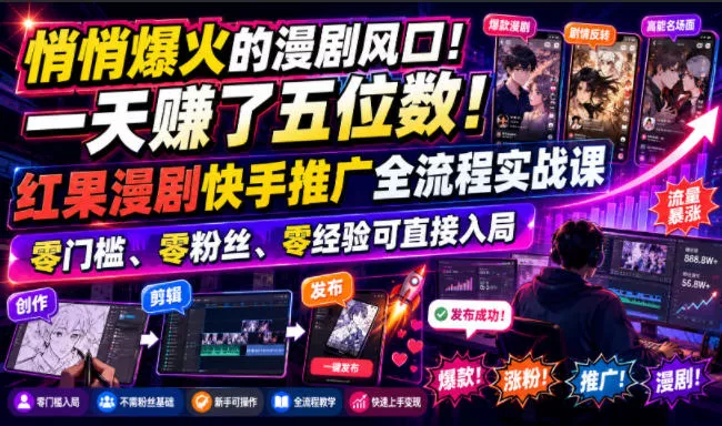 悄悄爆火的漫剧风口！一天賺了五位数！红果漫剧快手推广全流程实战课，零门槛、零粉丝、零经验可直接入局祝你网--专注互联网创业.信息差副业研究拒绝割韭菜祝你网