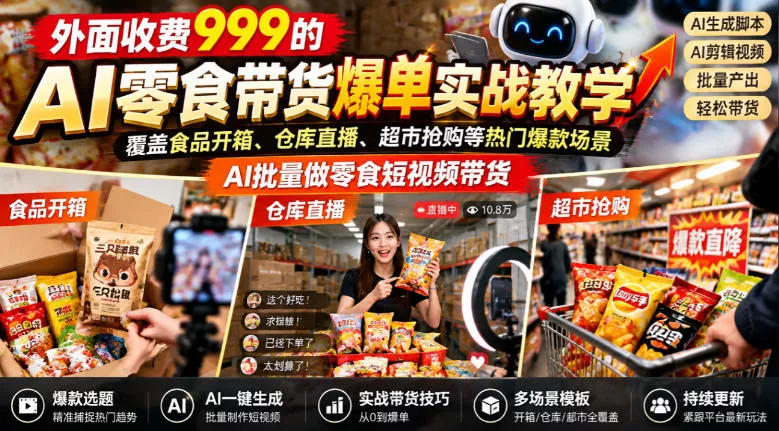 外面收费999的AI零食带货爆单实战教学，覆盖食品开箱、仓库直播、超市抢购等热门爆款场景，AI批量做零食短视频带货祝你网--专注互联网创业.信息差副业研究拒绝割韭菜祝你网