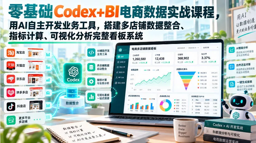 零基础Codex+BI电商数据实战课程，用AI自主开发业务工具，搭建多店铺数据整合、指标计算、可视化分析完整看板系统祝你网--专注互联网创业.信息差副业研究拒绝割韭菜祝你网