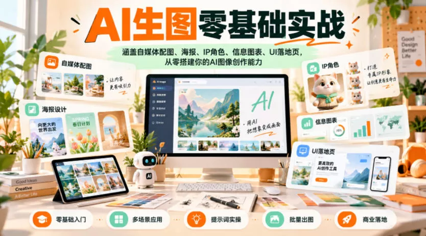 6d0c2fa6f77b48bd1d8c80635385f050.webp AI生图零基础实战,涵盖自媒体配图、海报、IP角色、信息图表、UI落地页,从零搭建你的AI图像创作能力