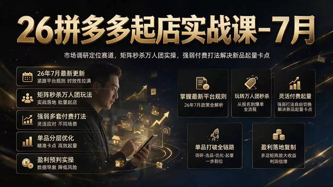 26拼多多起店实战课-7月｜市场调研定位赛道，矩阵秒杀万人团实操，强弱付费打法解决新品起量卡点祝你网--专注互联网创业.信息差副业研究拒绝割韭菜祝你网