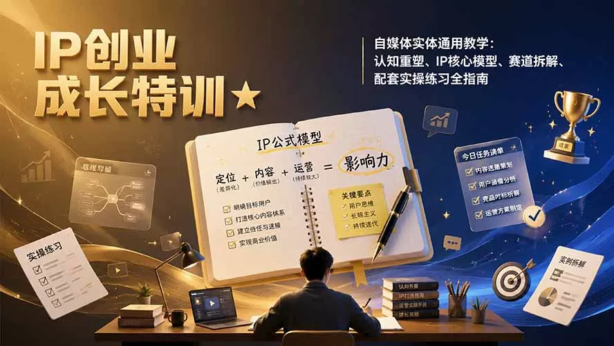 IP创业成长特训★自媒体实体通用教学：认知重塑、IP核心模型、赛道拆解、配套实操练习全指南祝你网--专注互联网创业.信息差副业研究拒绝割韭菜祝你网