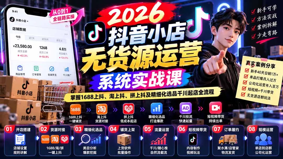 6d73db850faa4b7aceff12245614574d.webp 【无水印】2026抖音小店无货源运营系统实战课:掌握1688上抖、淘上抖、拼上抖及精细化选品千川起店全流程