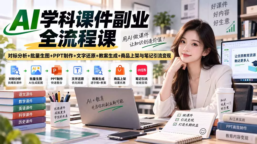 6d8d4be71f74532a6138a7d3ce32c123.webp AI学科课件副业全流程课|对标分析+批量生图+PPT制作+文字还原+教案生成+商品上架与笔记引流变现