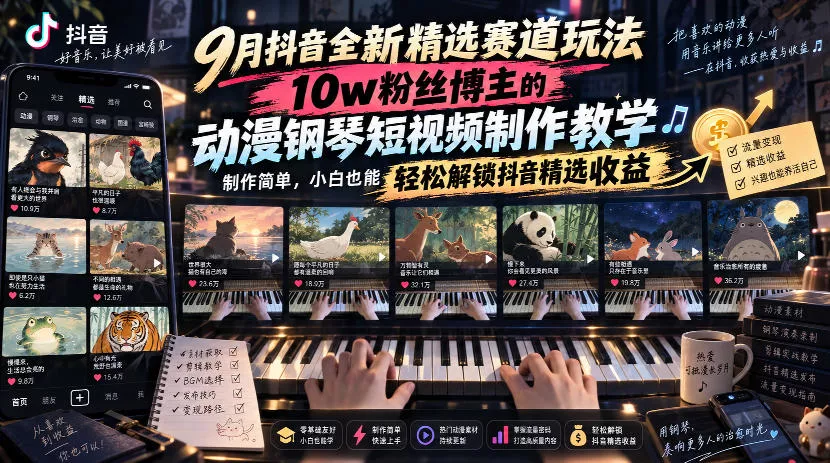 6d8f3f1d57a9925ab5293666d8af352c.webp 9月抖音全新精选赛道玩法,10w粉丝博主的动漫钢琴短视频制作教学,制作简单,小白也能轻松解锁抖音精选收益