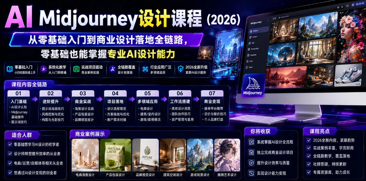 6db6acce711a56b55575531f896fa11a.webp AI Midjourney设计课程(2026),从零基础入门到商业设计落地全链路,零基础也能掌握专业AI设计能力(更新1007)