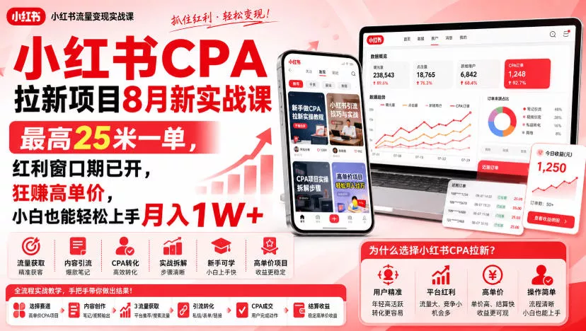 小红书CPA拉新项目8月新实战课,最高25米一单,红利窗口期已开,狂賺高单价,小白也能轻松上手月入1W+祝你网--专注互联网创业.信息差副业研究拒绝割韭菜祝你网