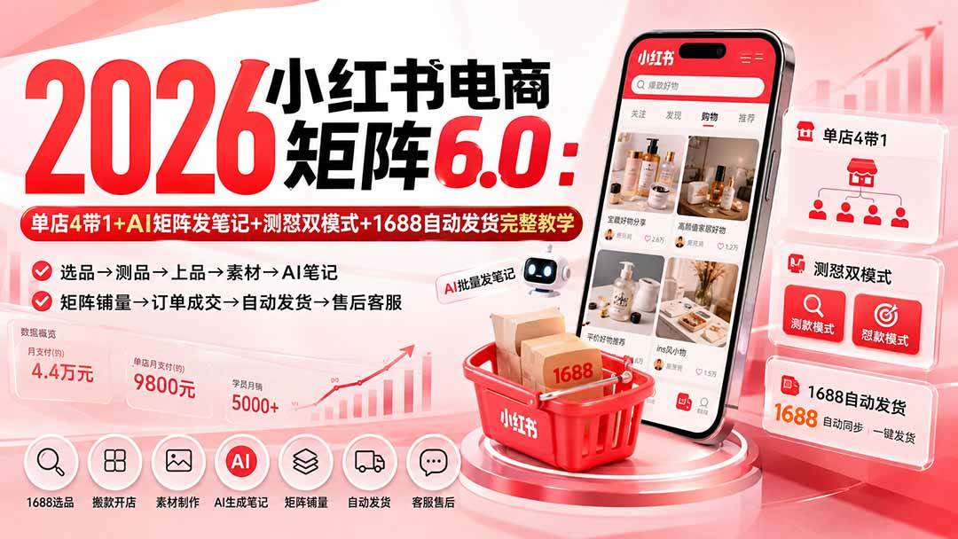 (20310期)2026小红书电商矩阵6.0:单店4带1+AI矩阵发笔记+测怼双模式+1688自动发货完整教学祝你网--专注互联网创业.信息差副业研究拒绝割韭菜祝你网