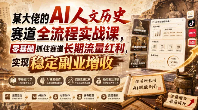 6e707cced4d4af3dbd4e5258c9e0b2d4.webp 某大佬的AI人文历史赛道全流程实战课,零基础抓住赛道长期流量红利,实现稳定副业增收