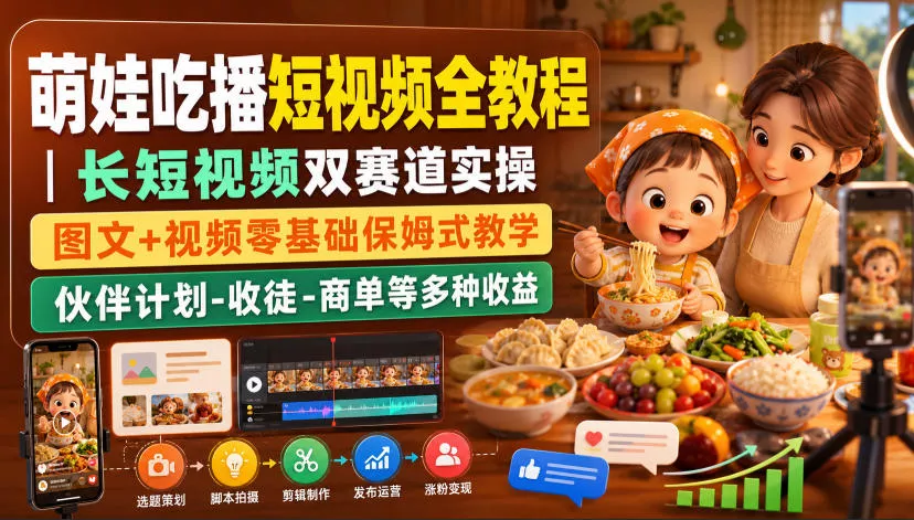 萌娃吃播短视频全教程|长短视频双赛道实操,图文+视频零基础保姆式教学,伙伴计划-收徒-商单等多种变现方式祝你网--专注互联网创业.信息差副业研究拒绝割韭菜祝你网