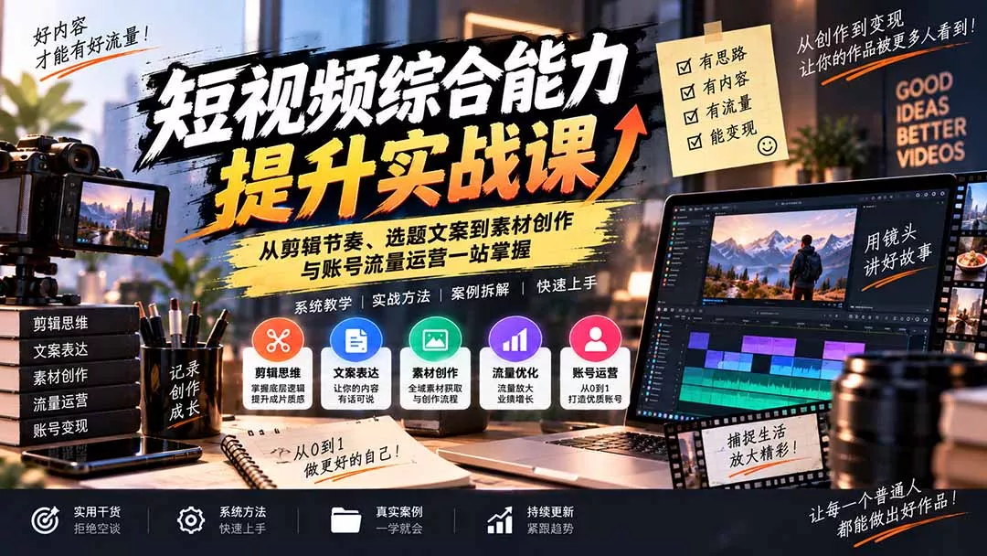 短视频综合能力提升实战课:从剪辑节奏、选题文案到素材创作与账号流量运营一站掌握祝你网--专注互联网创业.信息差副业研究拒绝割韭菜祝你网