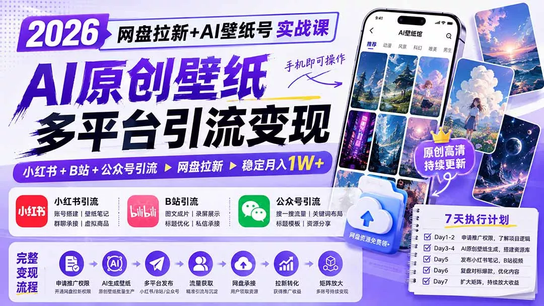 6fa77beae6bda59c7ad832ae6094790c.webp 2026网盘拉新+AI壁纸号实战课:AI原创壁纸+小红书+B站+公众号引流,手机即可操作,月入1W+
