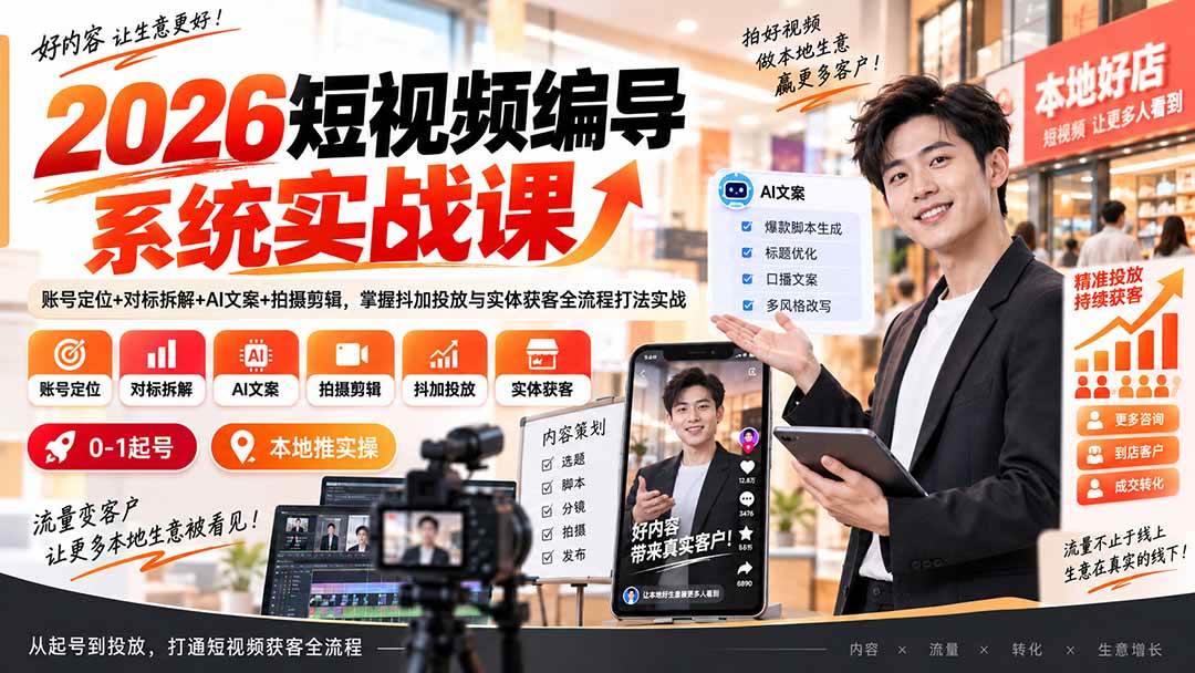 (20305期)2026短视频编导系统实战课:账号定位+对标拆解+AI文案+拍摄剪辑,掌握抖加投放与实体获客全流程打法实战祝你网--专注互联网创业.信息差副业研究拒绝割韭菜祝你网