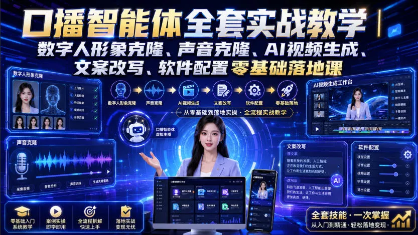 70252bf01f15151e734ec815eecf6383.webp 口播智能体全套实战教学|数字人形象克隆、声音克隆、AI视频生成、文案改写、软件配置零基础落地课