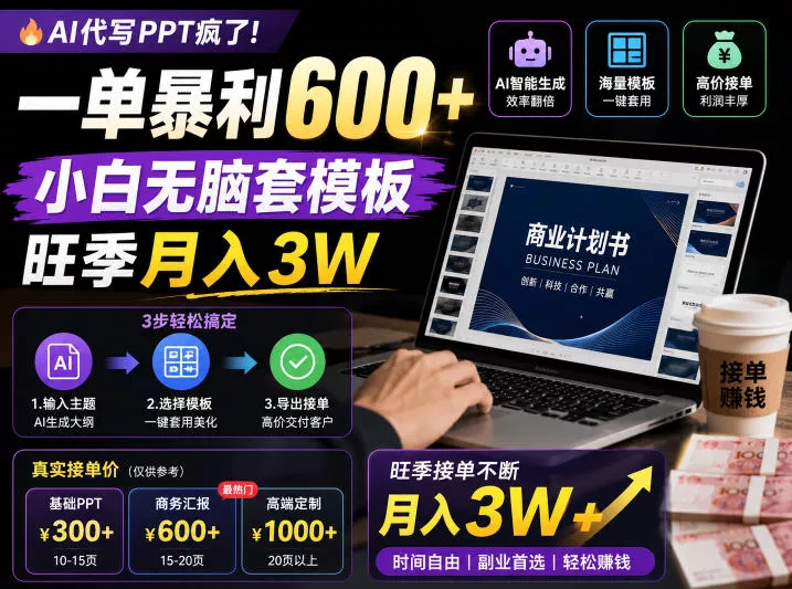 AI代写PPT疯了！一单暴利600+，小白无脑套模板，旺季月入3W，不用苦哈哈引流【揭秘】祝你网--专注互联网创业.信息差副业研究拒绝割韭菜祝你网