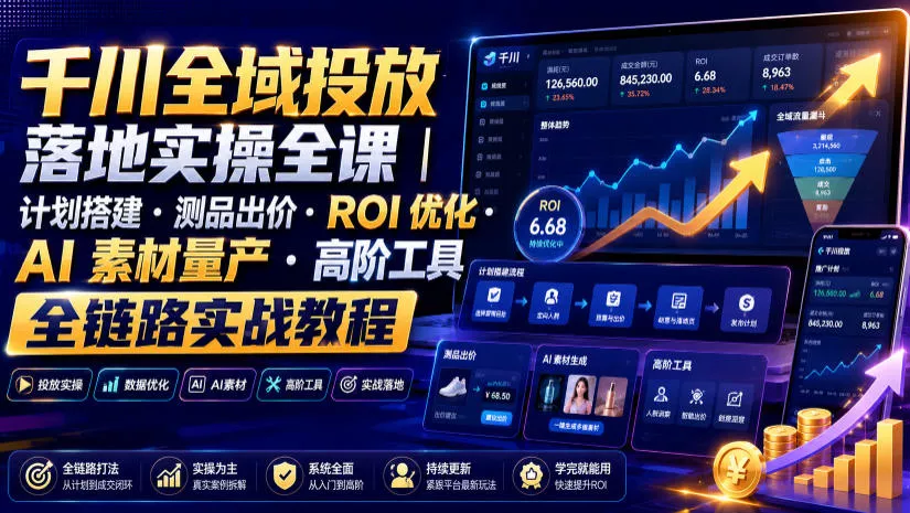 709bc2cbb064f094d0b8d509bcf21520.webp 千川全域投放落地实操全课|计划搭建・测品出价・ROI优化・AI素材量产・高阶工具全链路实战教程