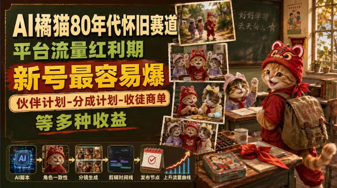 AI橘猫80年代怀旧赛道，平台流量红利期，新号最容易爆，伙伴计划-分成计划-收徒商单等多种收益祝你网--专注互联网创业.信息差副业研究拒绝割韭菜祝你网