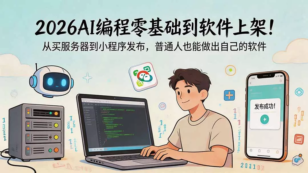 7189004da07ed4318627a621335254a8.webp 2026AI编程零基础到软件上架!从买服务器到小程序发布,普通人也能做出自己的软件