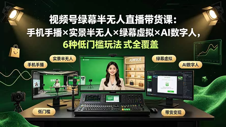 71d8b783cf4ec491da11aab10bb5e83f.webp 视频号绿幕半无人直播带货课:手机手播×实景半无人×绿幕虚拟×AI数字人,6种低门槛玩法全覆盖
