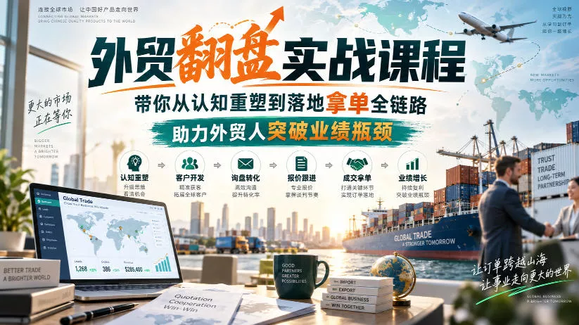 71facb8f41f04fe5e1ebb4a2b4ff2310.webp 外贸翻盘实战课程,带你从认知重塑到落地拿单全链路,助力外贸人突破业绩瓶颈