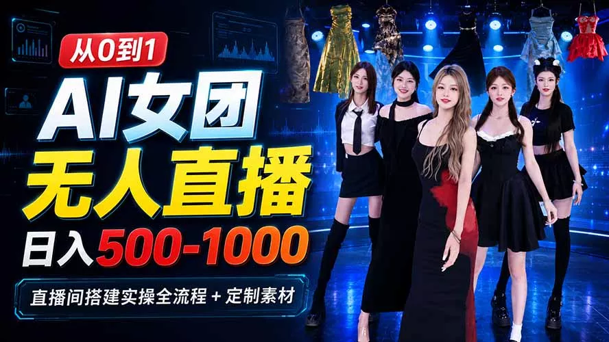 AI 女团无人直播,躺入500-1000每天,直播间搭建实操全流程+定制素材祝你网--专注互联网创业.信息差副业研究拒绝割韭菜祝你网