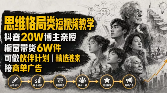 人性思维格局类短视频教学，抖音20W博主亲授，橱窗带货6W件，可做伙伴计划、精选独家、接商单广告祝你网--专注互联网创业.信息差副业研究拒绝割韭菜祝你网