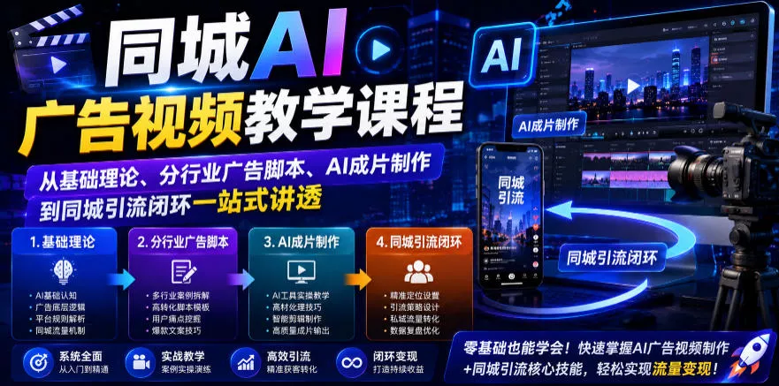 7223c0a099f84d3c74ffb01cd88ff700.webp 同城AI广告视频教学课程,从基础理论、分行业广告脚本、AI成片制作到同城引流闭环一站式讲透