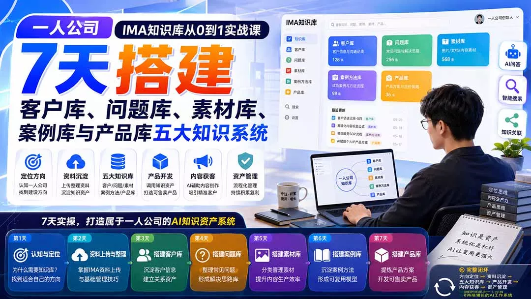 一人公司IMA知识库从0到1实战课:7天搭建客户库、问题库、素材库、案例库与产品库五大知识系统祝你网--专注互联网创业.信息差副业研究拒绝割韭菜祝你网