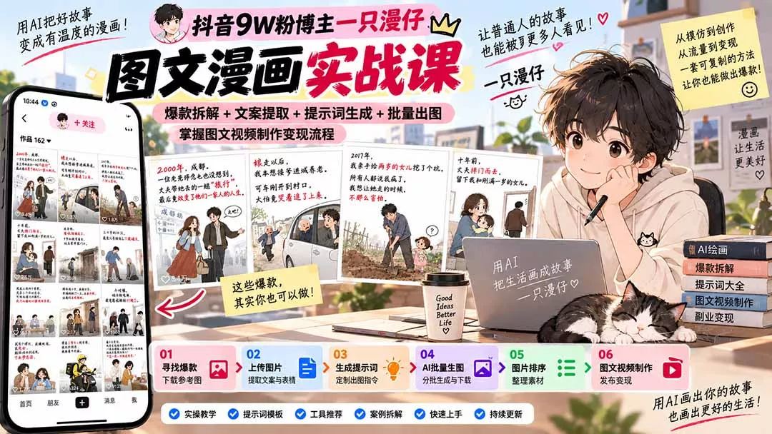 抖音9W粉博主一只漫仔图文漫画课：爆款拆解+文案提取+提示词生成+批量出图，掌握图文视频制作变现流程祝你网--专注互联网创业.信息差副业研究拒绝割韭菜祝你网